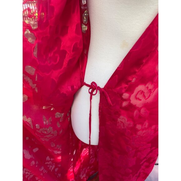 Victorias Secret Gold Label Red Floral Sheer Kimono Robe M/L Polyester Belted - Picture 8 of 8